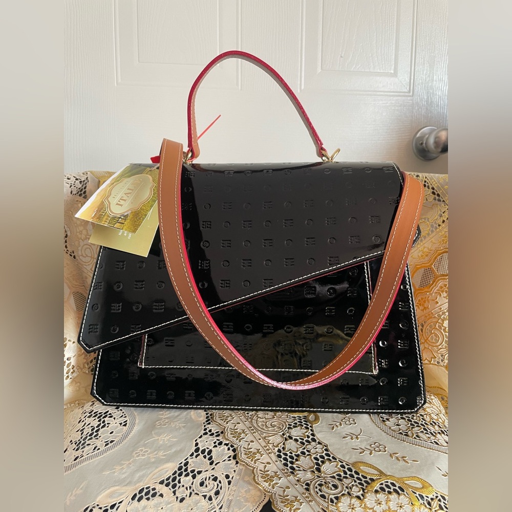 Arcadia Sabrina Black Patent Monogram Leather Satchel Bag NWT Made In Italy